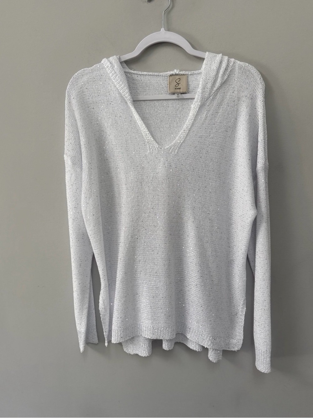 White Hooded V-Neck Sparkly Sweater